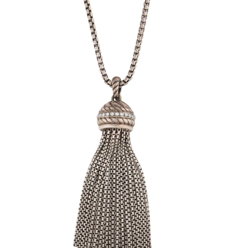 David Yurman Silver necklace with silver tassels and pave diamonds pendant.